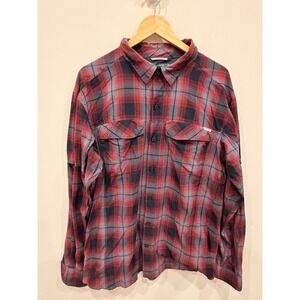 Columbia Omni Shade Plaid Button Down Shirt Red Gray Nylon Mens